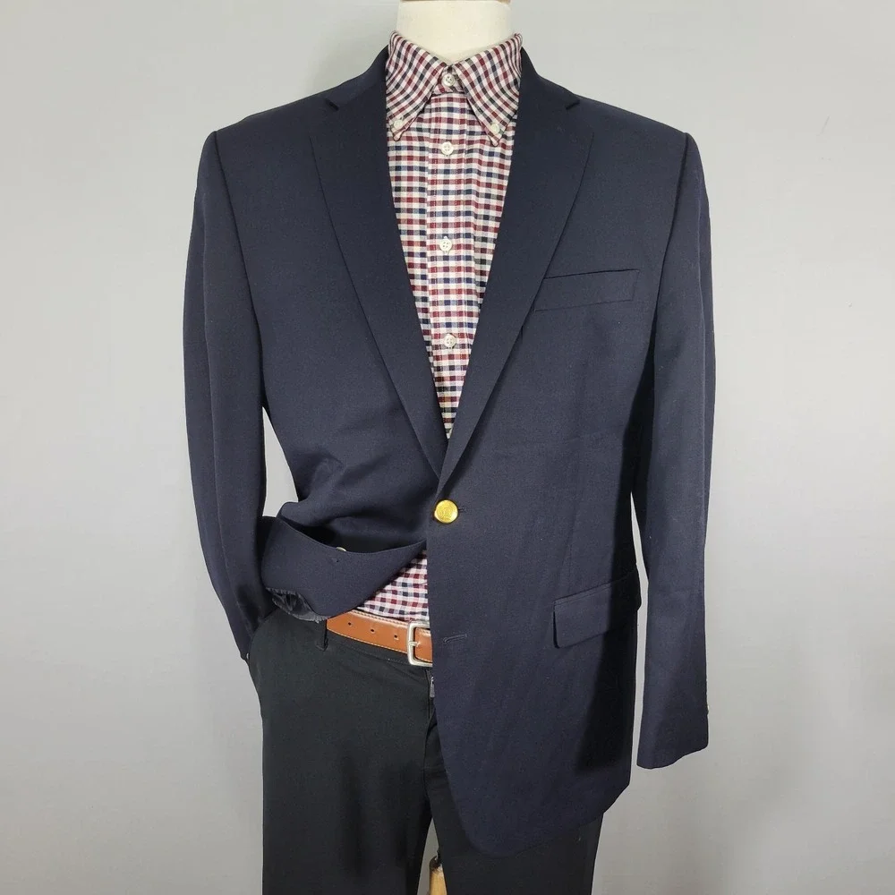 Chaps Men's Sport‎ Coat Blazer Two Golden Button Deep Navy Blue Twill Wool 42R